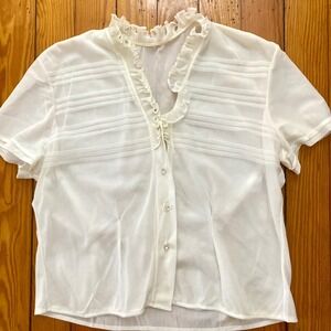 60's vtg White Sheer Ruffle V-Neck Blouse Rhinestone Button feminine cottagecore